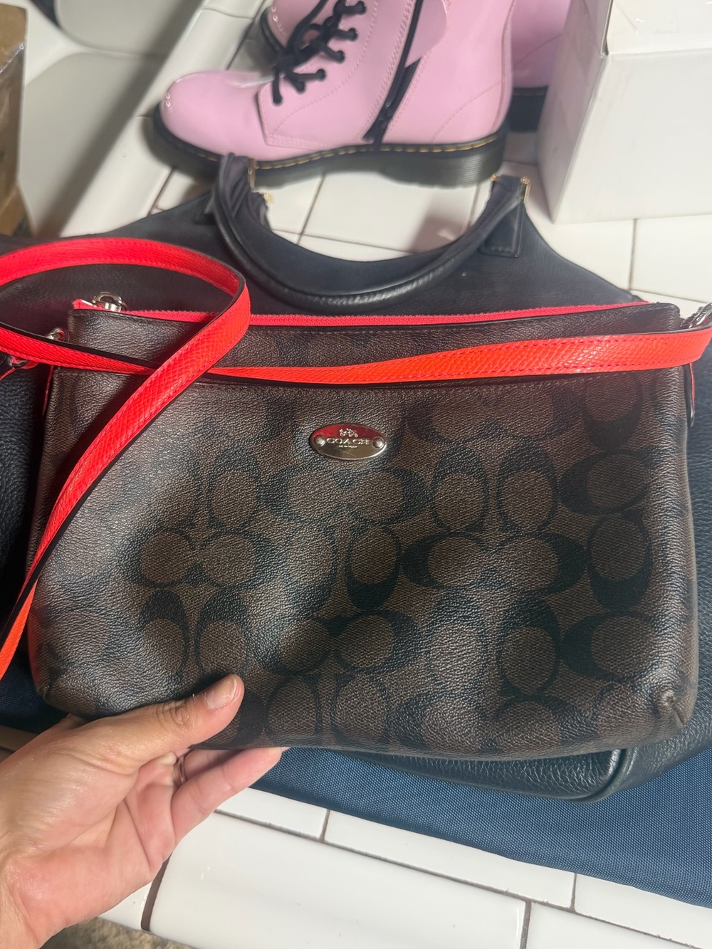 Coach Brown Signature Crossbody with Red Trim